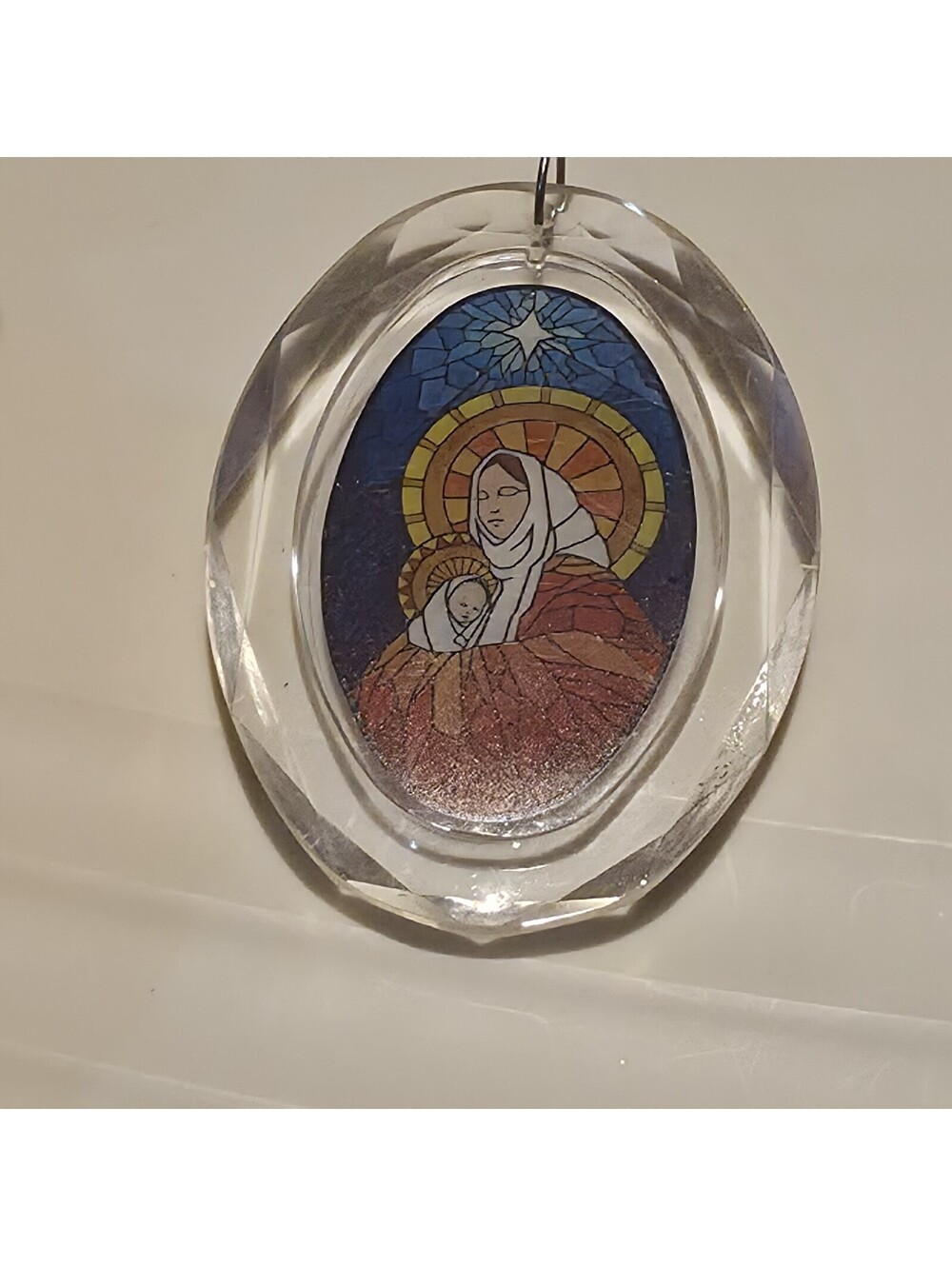 Vintage Faceted Crystal Madonna and Child Christmas Ornament Stained Glass Look